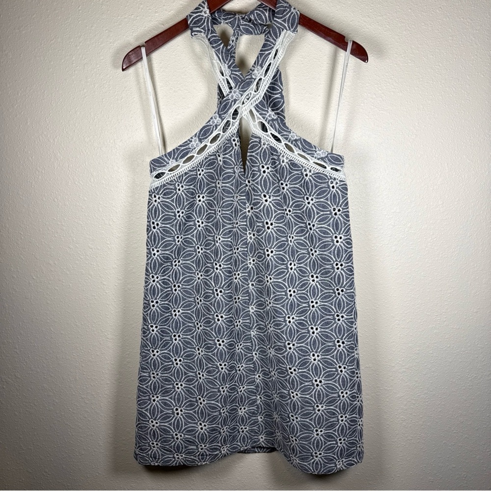 J.O.A Womens Dress Size Small Blue White Eyelet Lace Embroidered Halter Beachy